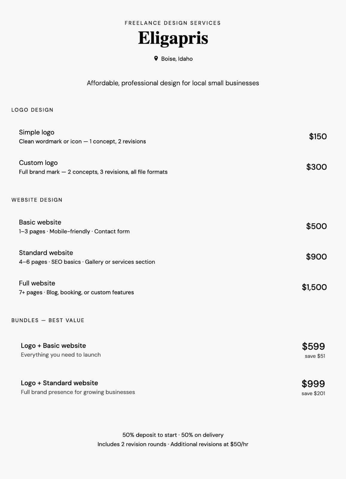 Freelance design services pricing card for Eligapris