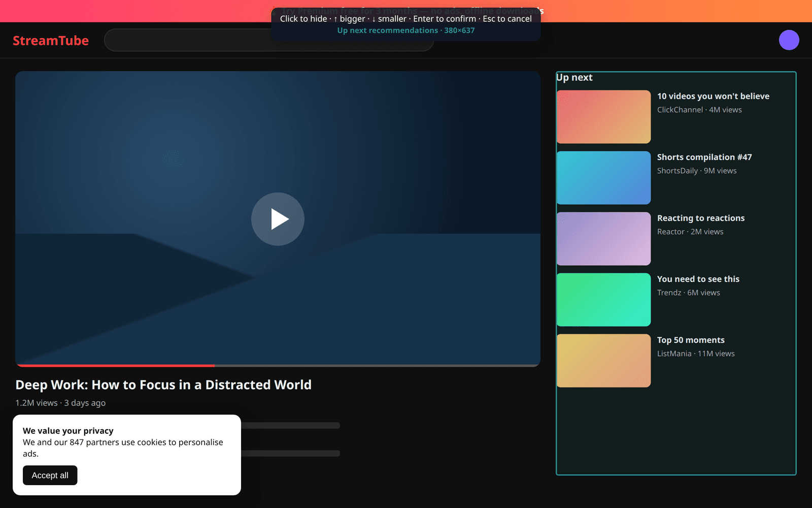 QuietView outlining the recommendations sidebar with a hint bar at the top