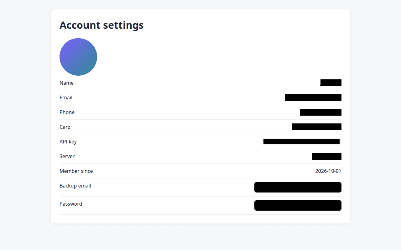 Settings page with sensitive details blacked out by QuietView Redact