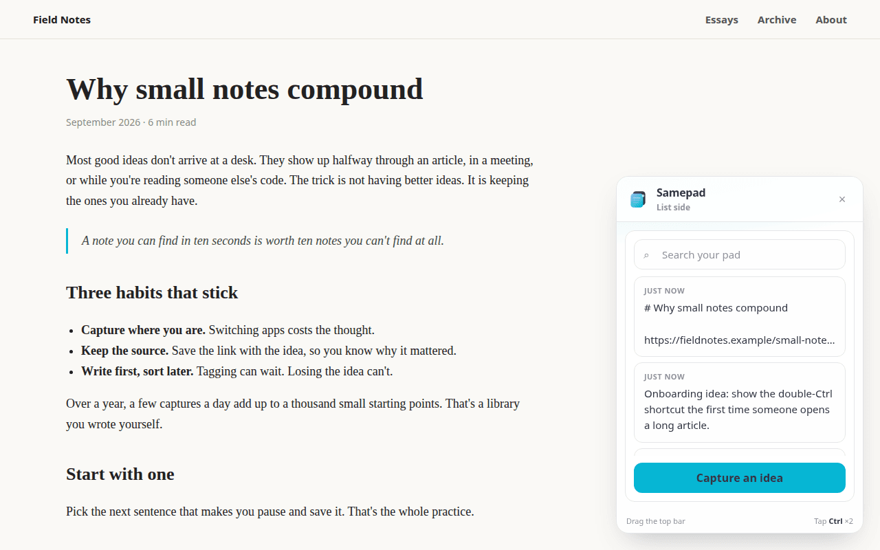 The Samepad panel floating beside an article, listing recent ideas