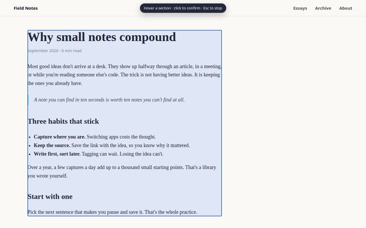 Samepad section picker outlining part of an article to save
