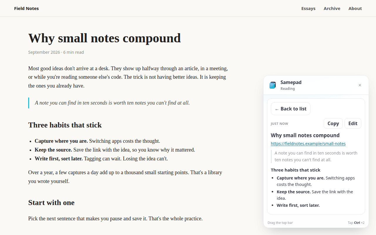 A saved idea rendered as formatted Markdown in the Samepad panel