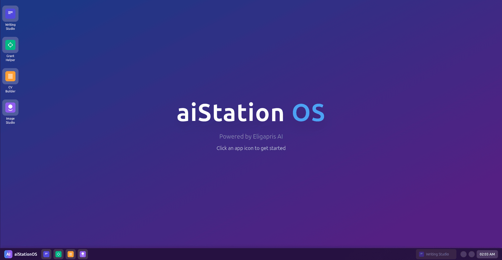 aiStation OS Desktop Interface showing Writing Studio, Grant Helper, CV Builder, and Image Studio applications