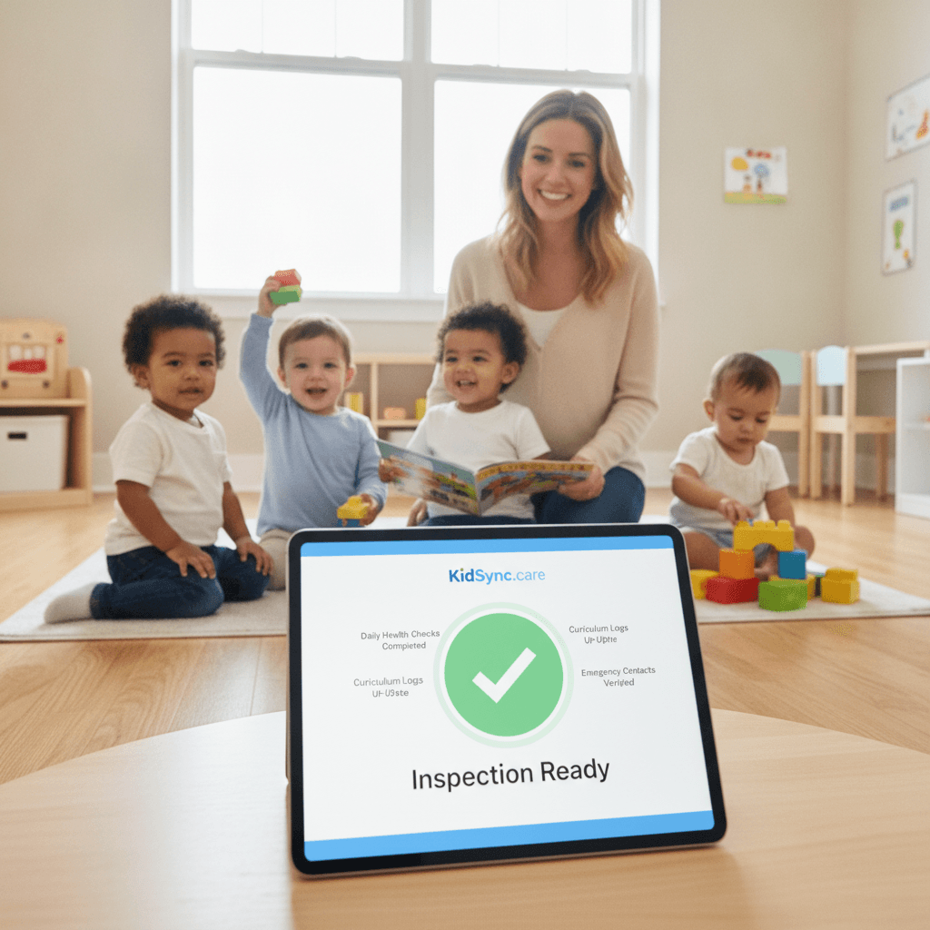 Childcare director with children while KidSync shows inspection-ready compliance