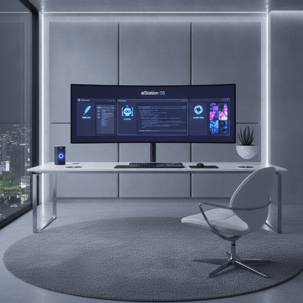 aiStation OS unified workspace with writing, coding, and image generation in one browser-based desk setup