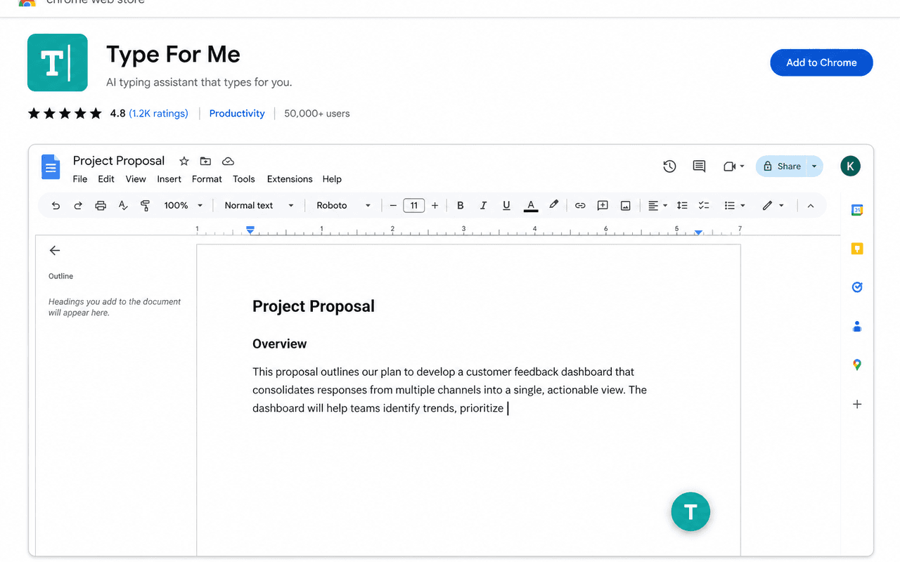Type For Me typing into a Docs-like canvas with floating T button