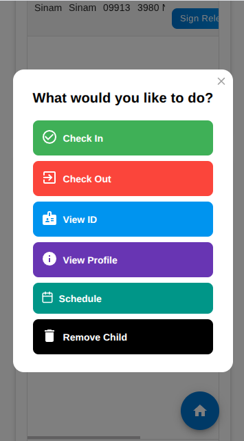 CareConnect Mobile Interface - Child management with Check In, Check Out, View ID, Profile, and Schedule options