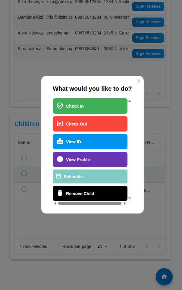 Child management interface showing parent communication and child profile options