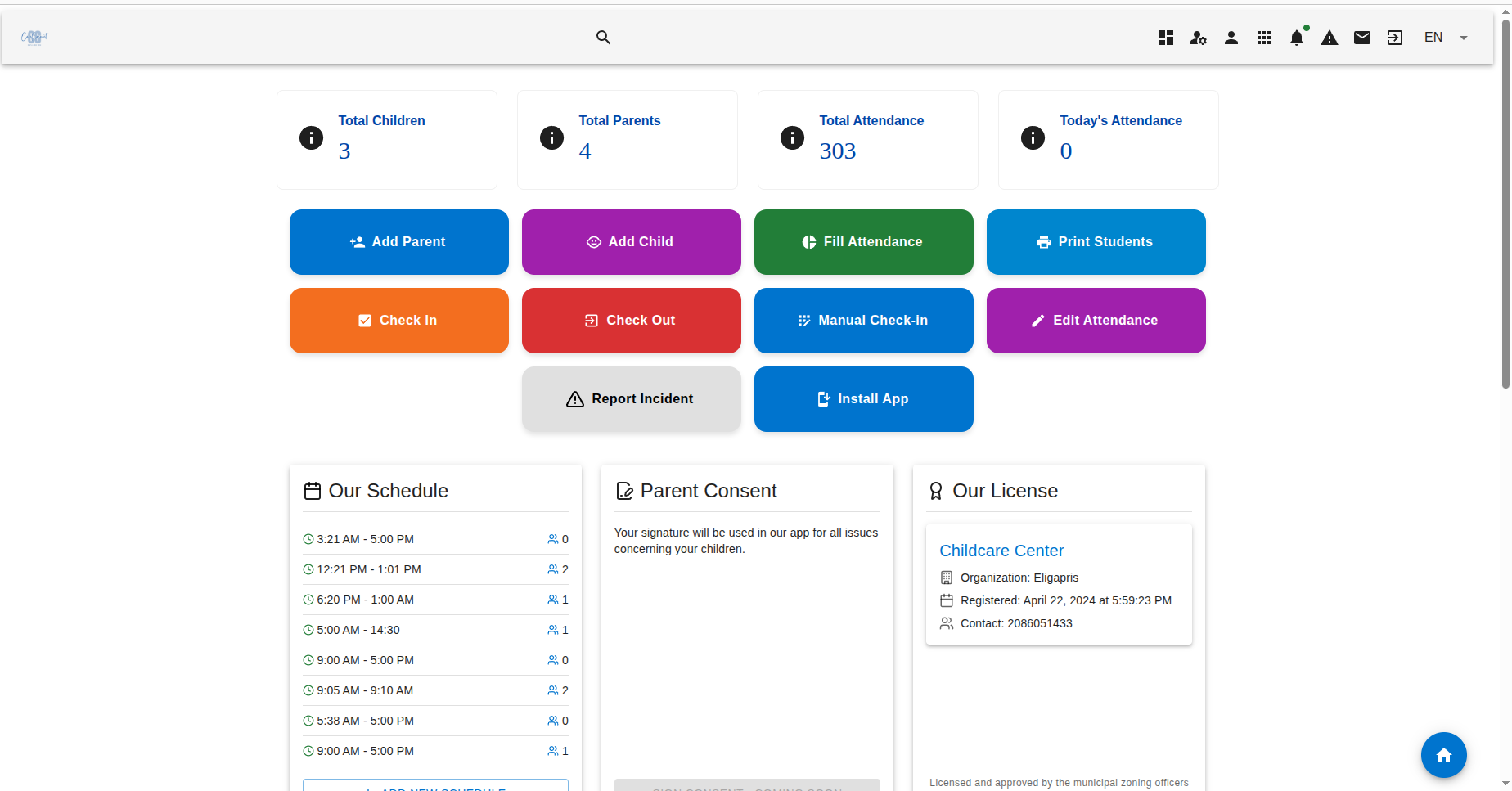 CareConnect Dashboard - Attendance tracking, administrative functions, schedules, and licensing management