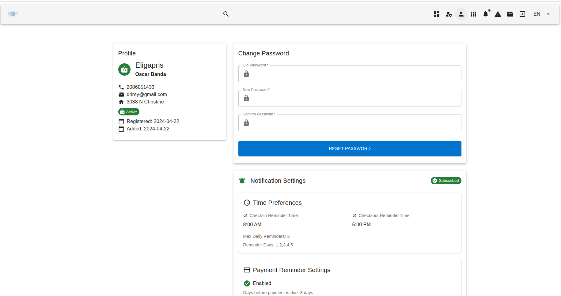 CareConnect Settings - Profile management, password reset, notification settings, and payment reminders